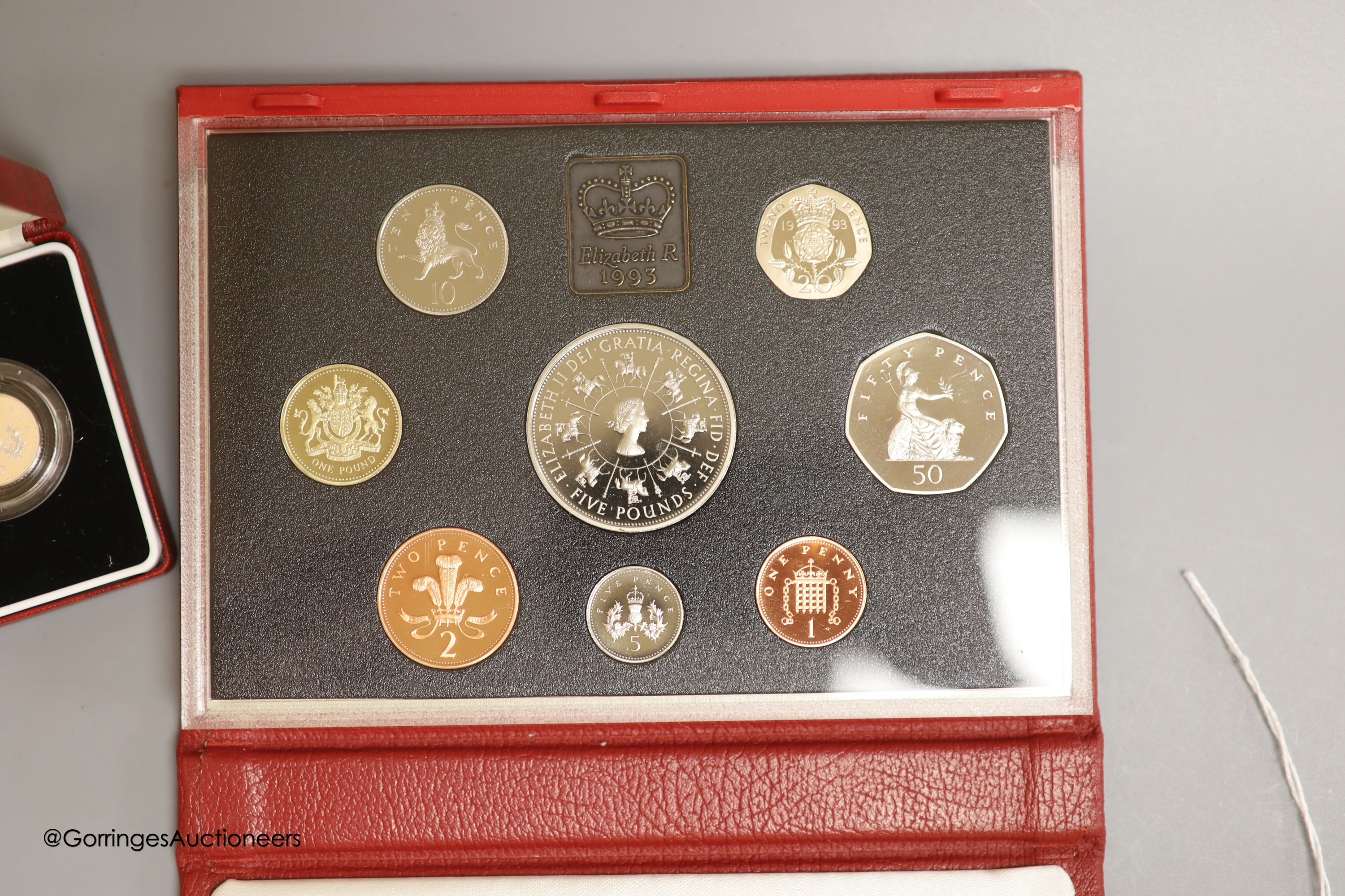 A Royal Mint UK 1993 proof coin collection set and a 1990 silver proof five pence 2 coin set